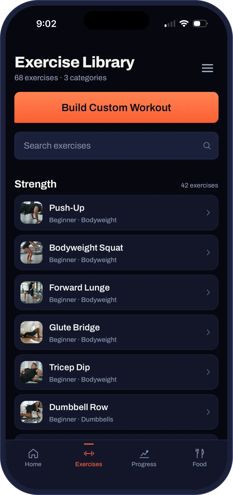 The Fit Forged exercise library listing sixty-eight exercises with search, category headings and a Build Custom Workout button