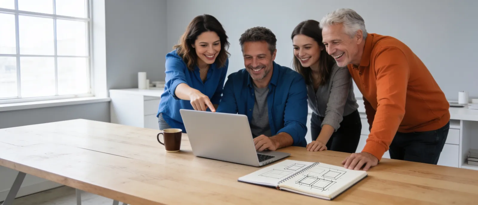 Four adult students of different ages laughing together around a laptop and a sketchbook of wireframes in a bright studio